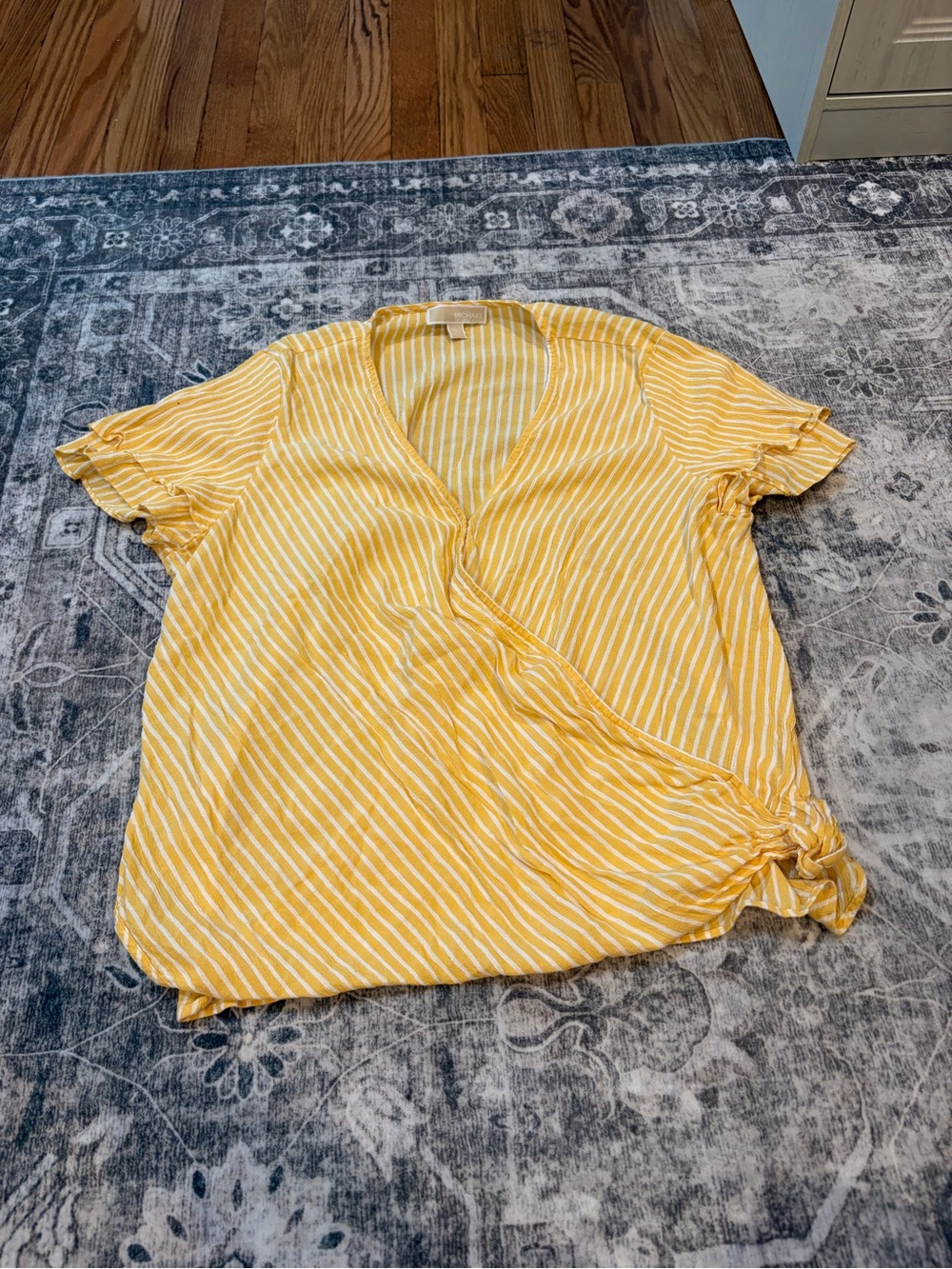 Michael Kors Yellow and White Striped Faux-Wrap Short Sleeve Blouse